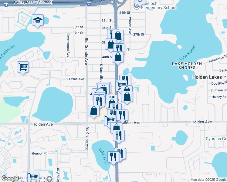 map of restaurants, bars, coffee shops, grocery stores, and more near 4404 South Orange Blossom Trail in Orlando