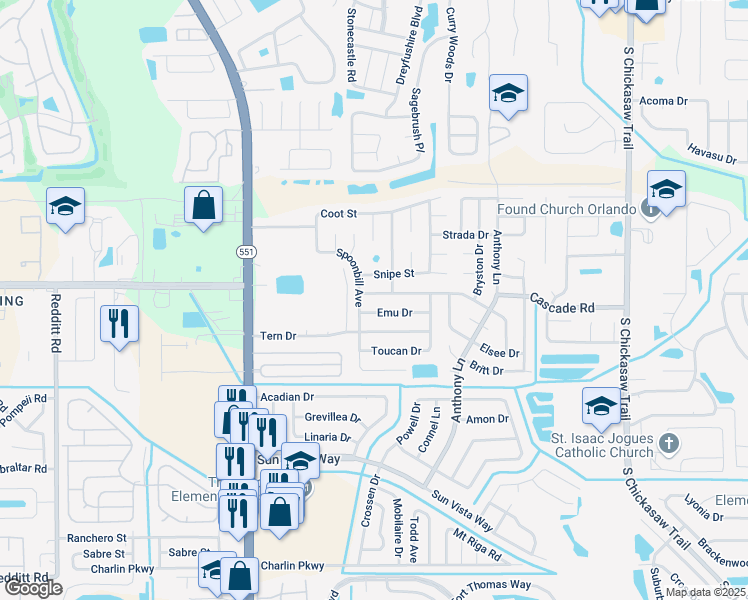 map of restaurants, bars, coffee shops, grocery stores, and more near 7100 Killian Drive in Orlando