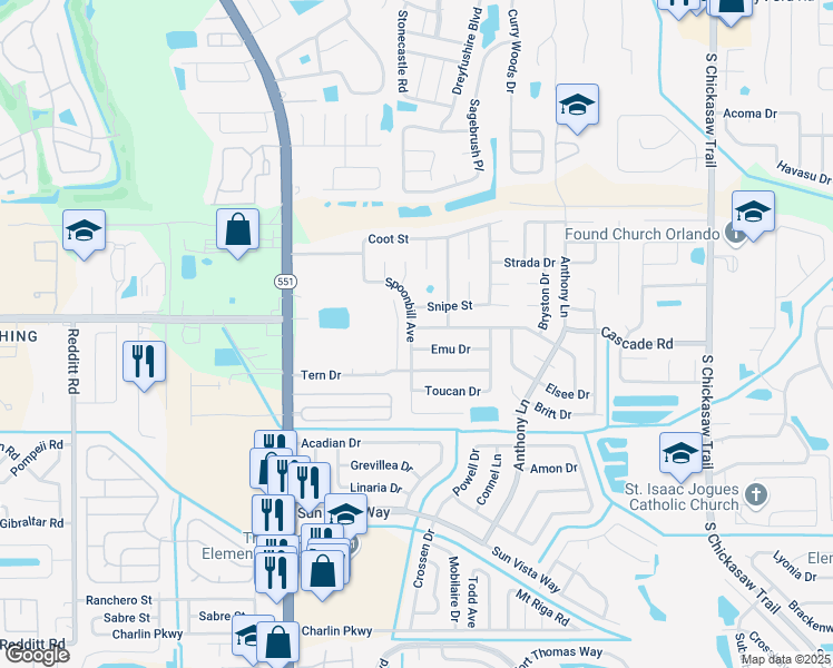 map of restaurants, bars, coffee shops, grocery stores, and more near 7100 Killian Drive in Orlando