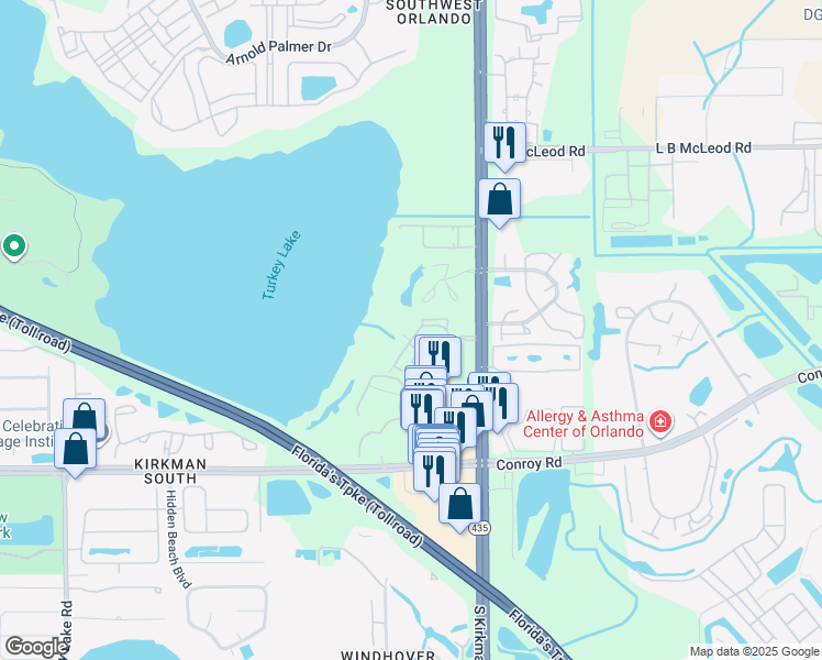 map of restaurants, bars, coffee shops, grocery stores, and more near 4324 South Kirkman Road in Orlando