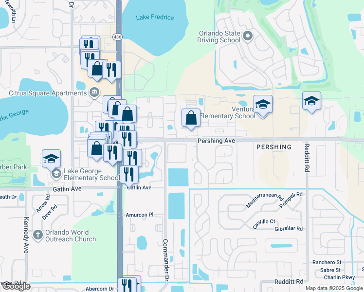 map of restaurants, bars, coffee shops, grocery stores, and more near 5848 Lake Pointe Village Circle in Orlando