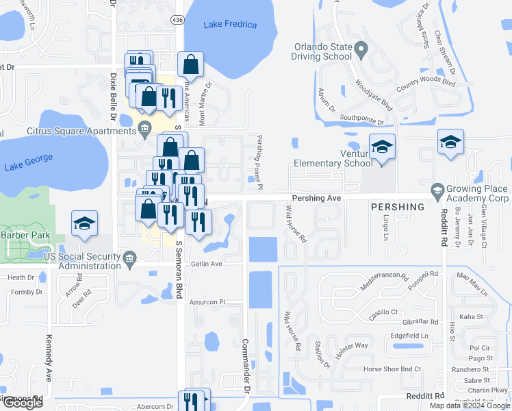 map of restaurants, bars, coffee shops, grocery stores, and more near 5824 Lake Pointe Village Circle in Orlando