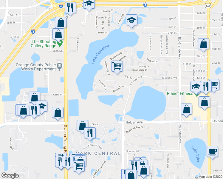 map of restaurants, bars, coffee shops, grocery stores, and more near 2512 Citrus Club Lane in Orlando