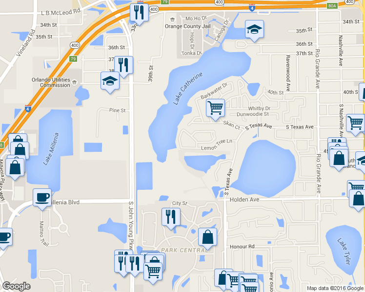 map of restaurants, bars, coffee shops, grocery stores, and more near 2701 Lemon Tree Lane in Orlando