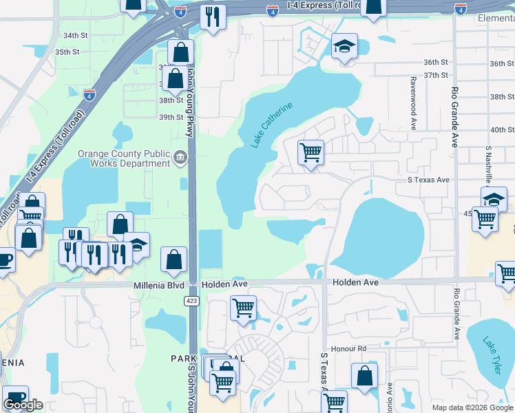 map of restaurants, bars, coffee shops, grocery stores, and more near 4370 Aqua Vista Drive in Orlando