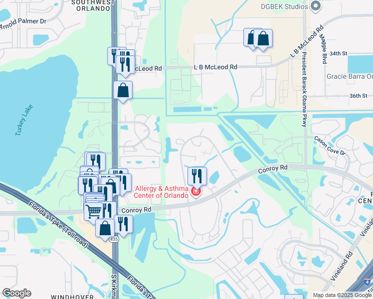 map of restaurants, bars, coffee shops, grocery stores, and more near 5393 Elm Court in Orlando