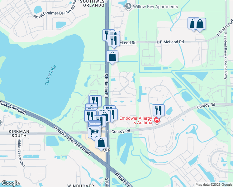 map of restaurants, bars, coffee shops, grocery stores, and more near 5601 Blue Shadows Court in Orlando
