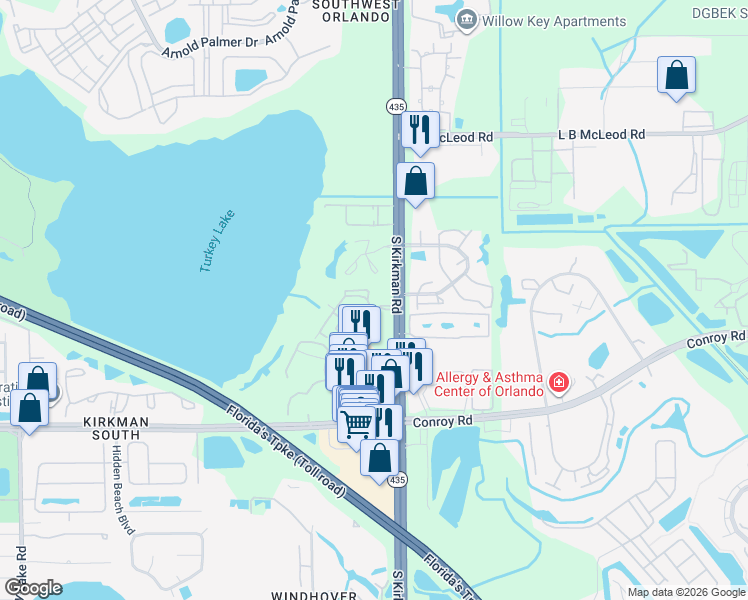 map of restaurants, bars, coffee shops, grocery stores, and more near 4312 South Kirkman Road in Orlando