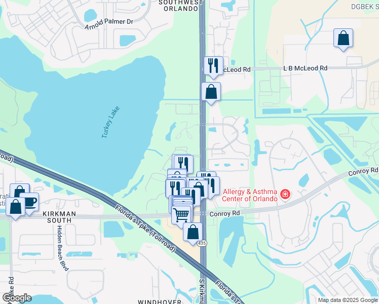 map of restaurants, bars, coffee shops, grocery stores, and more near 4312 South Kirkman Road in Orlando