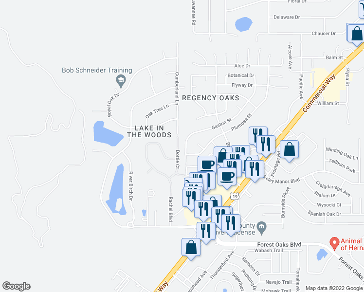 map of restaurants, bars, coffee shops, grocery stores, and more near 4432 Dottie Court in Spring Hill