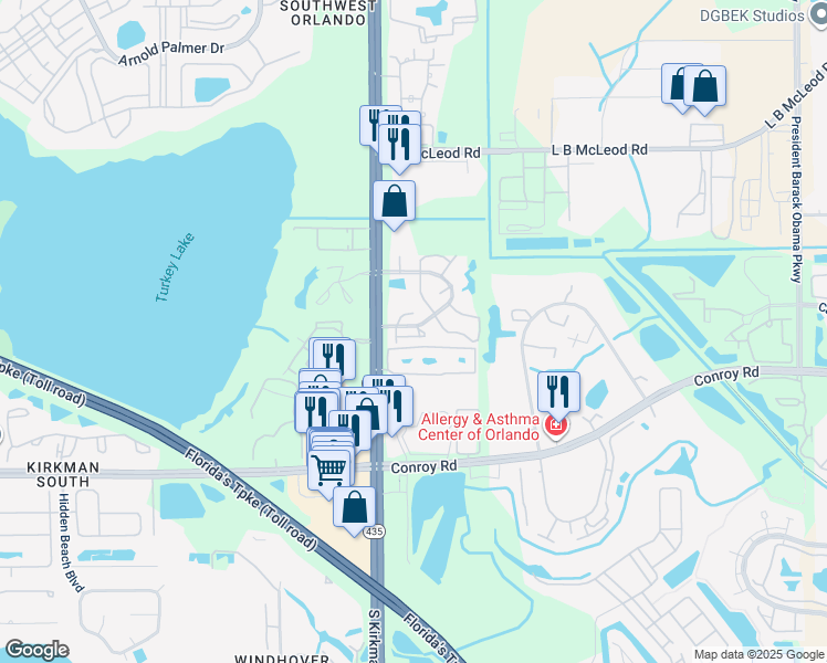 map of restaurants, bars, coffee shops, grocery stores, and more near 5617 Blue Shadows Court in Orlando
