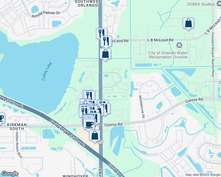 map of restaurants, bars, coffee shops, grocery stores, and more near 5601 Blue Shadows Court in Orlando