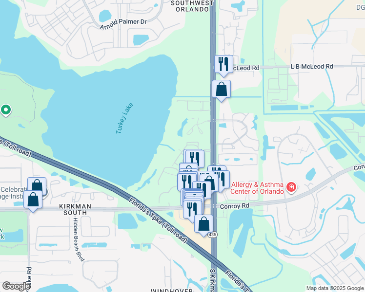 map of restaurants, bars, coffee shops, grocery stores, and more near 4324 South Kirkman Road in Orlando