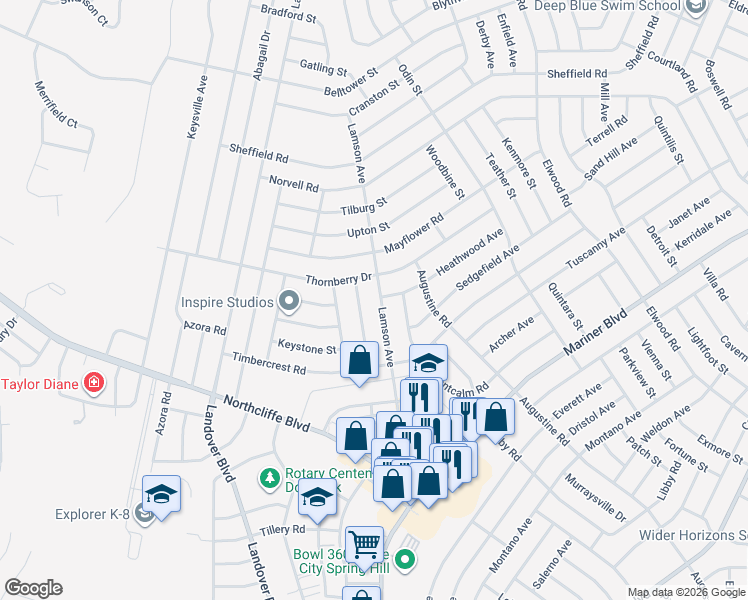 map of restaurants, bars, coffee shops, grocery stores, and more near 4427 Lamson Avenue in Spring Hill