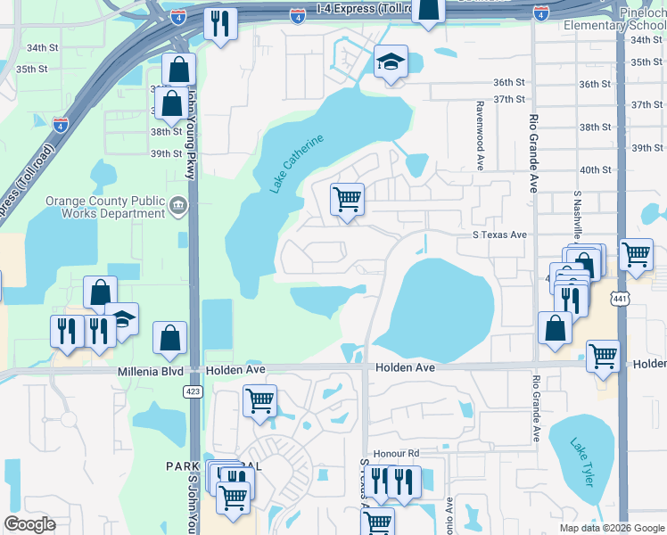 map of restaurants, bars, coffee shops, grocery stores, and more near 2512 Citrus Club Lane in Orlando