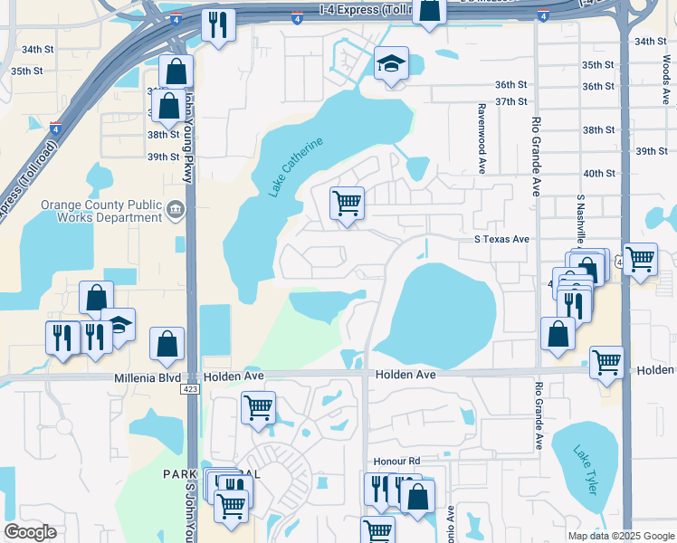 map of restaurants, bars, coffee shops, grocery stores, and more near 2512 Citrus Club Lane in Orlando