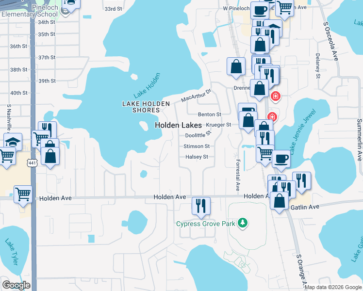 map of restaurants, bars, coffee shops, grocery stores, and more near 425 Stimson Street in Orlando