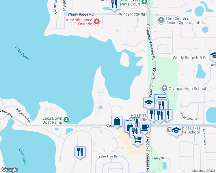 map of restaurants, bars, coffee shops, grocery stores, and more near 4401 Down Point Lane in Windermere