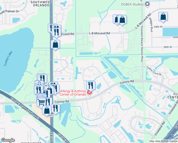 map of restaurants, bars, coffee shops, grocery stores, and more near 5287 Middle Court in Orlando