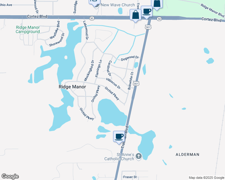map of restaurants, bars, coffee shops, grocery stores, and more near 34761 Orchid Parkway in Ridge Manor