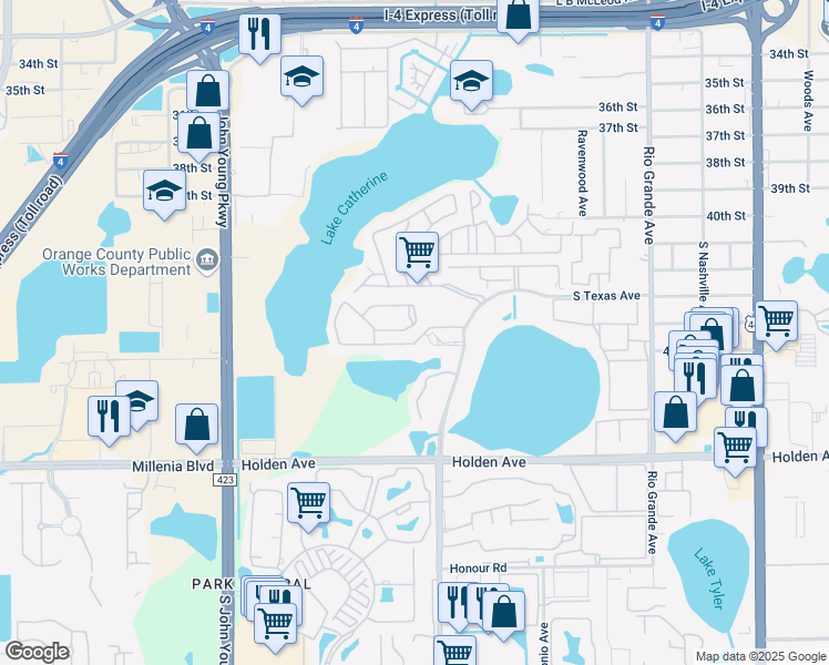 map of restaurants, bars, coffee shops, grocery stores, and more near 2300 Lemon Tree Lane in Orlando