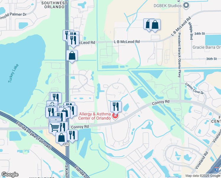 map of restaurants, bars, coffee shops, grocery stores, and more near 5393 Elm Court in Orlando
