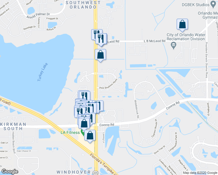 map of restaurants, bars, coffee shops, grocery stores, and more near 5601 Blue Shadows Court in Orlando