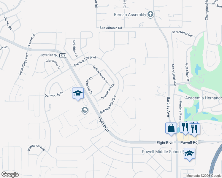 map of restaurants, bars, coffee shops, grocery stores, and more near 14318 Bensbrook Drive in Spring Hill