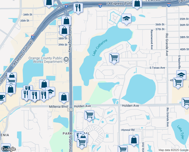 map of restaurants, bars, coffee shops, grocery stores, and more near 4370 Aqua Vista Drive in Orlando