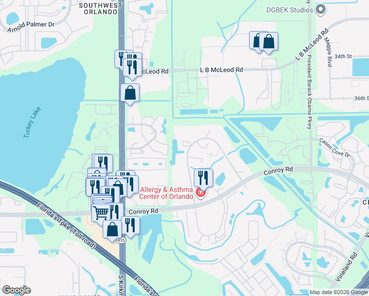 map of restaurants, bars, coffee shops, grocery stores, and more near 5393 Elm Court in Orlando