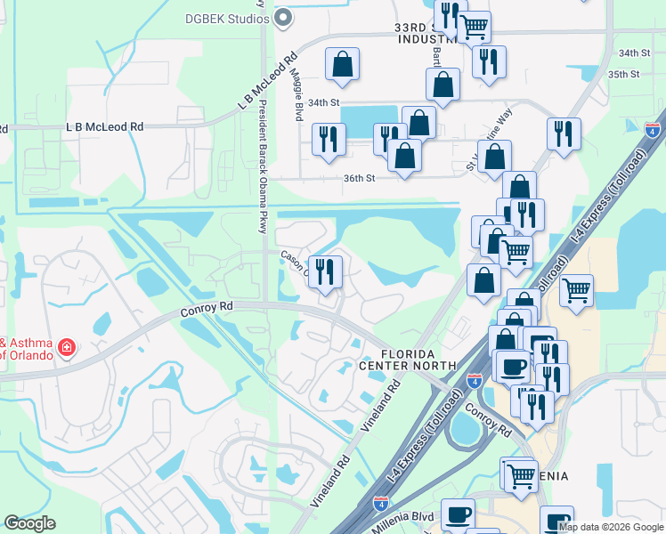 map of restaurants, bars, coffee shops, grocery stores, and more near 4657 Cason Cove Drive in Orlando