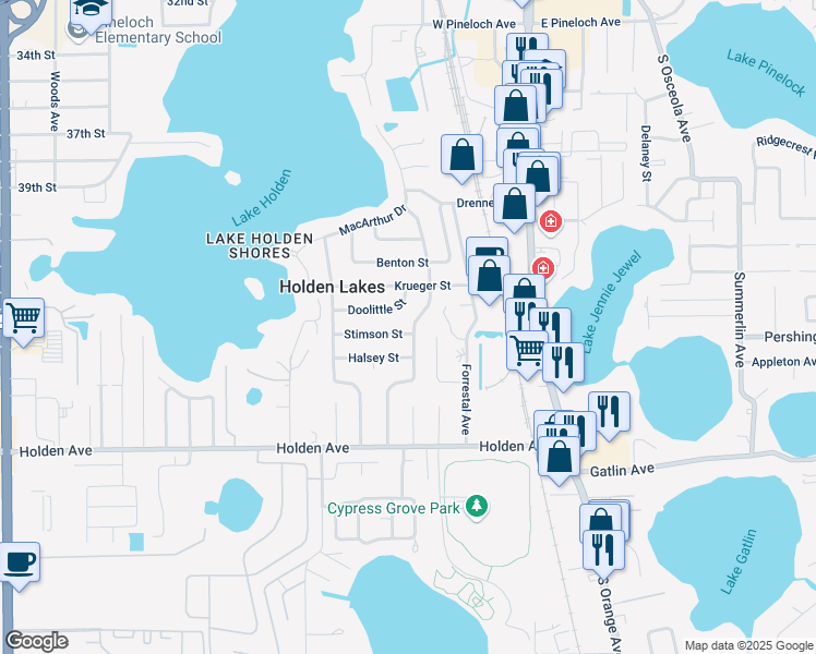 map of restaurants, bars, coffee shops, grocery stores, and more near 210 Stimson Street in Orlando