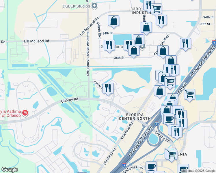 map of restaurants, bars, coffee shops, grocery stores, and more near 4655 Cason Cove Drive in Orlando