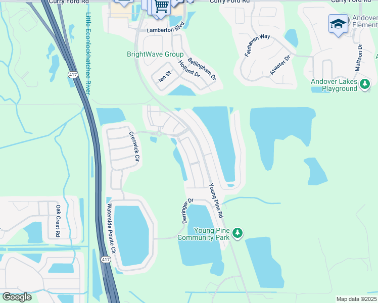 map of restaurants, bars, coffee shops, grocery stores, and more near 3473 Victoria Pines Drive in Orlando