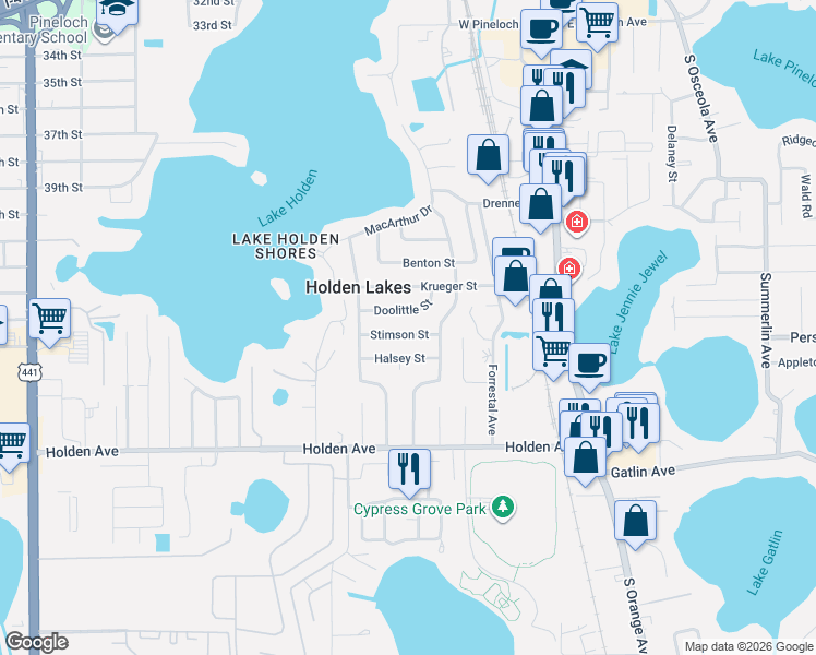 map of restaurants, bars, coffee shops, grocery stores, and more near 328 Stimson Street in Orlando