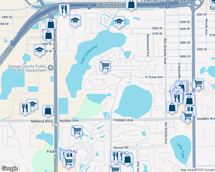 map of restaurants, bars, coffee shops, grocery stores, and more near 2300 Lemon Tree Lane in Orlando