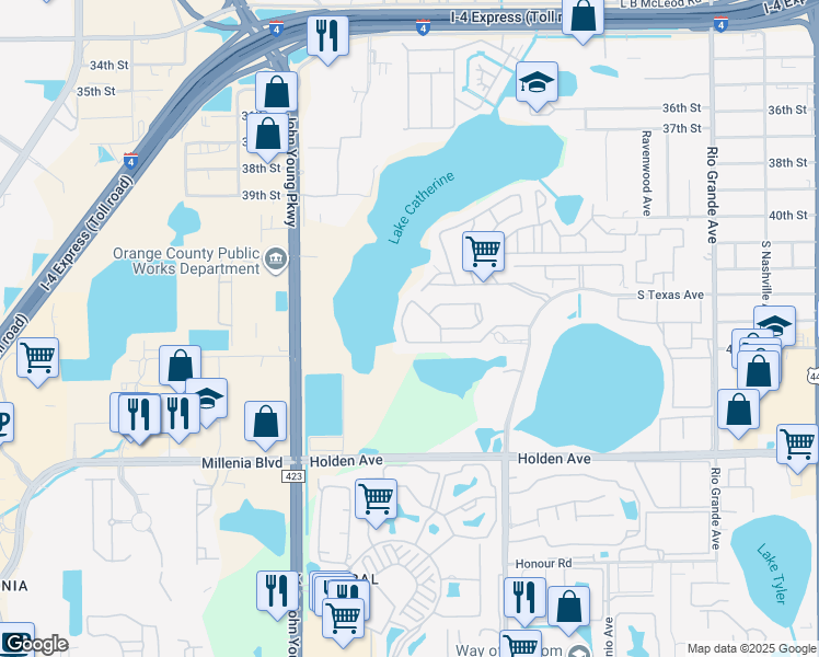 map of restaurants, bars, coffee shops, grocery stores, and more near 2701 Lemon Tree Lane in Orlando