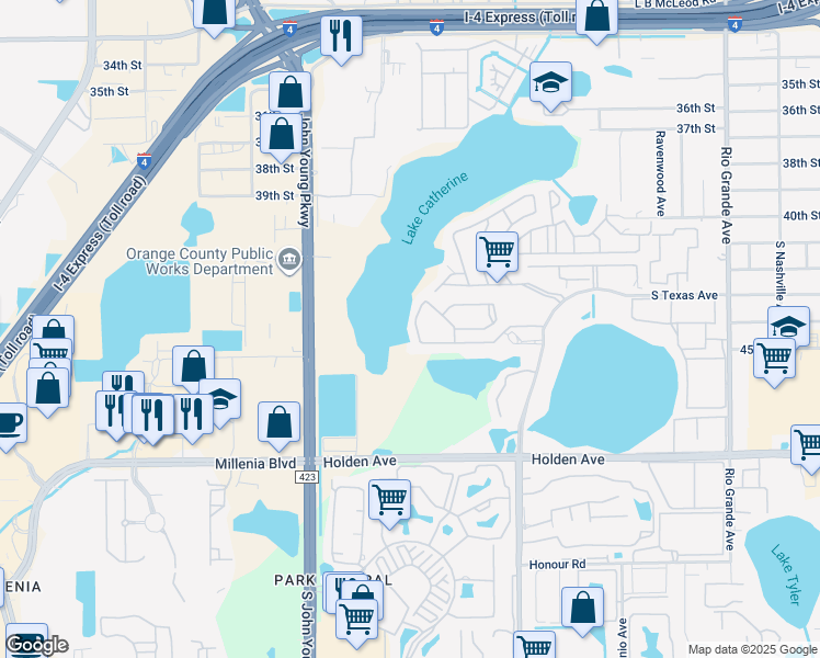 map of restaurants, bars, coffee shops, grocery stores, and more near 4370 Aqua Vista Drive in Orlando