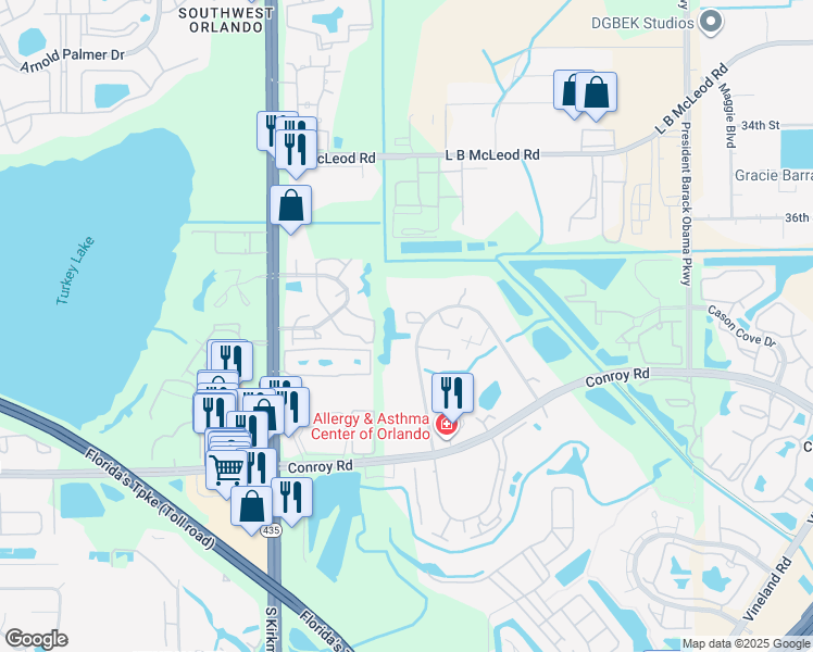 map of restaurants, bars, coffee shops, grocery stores, and more near 5393 Elm Court in Orlando