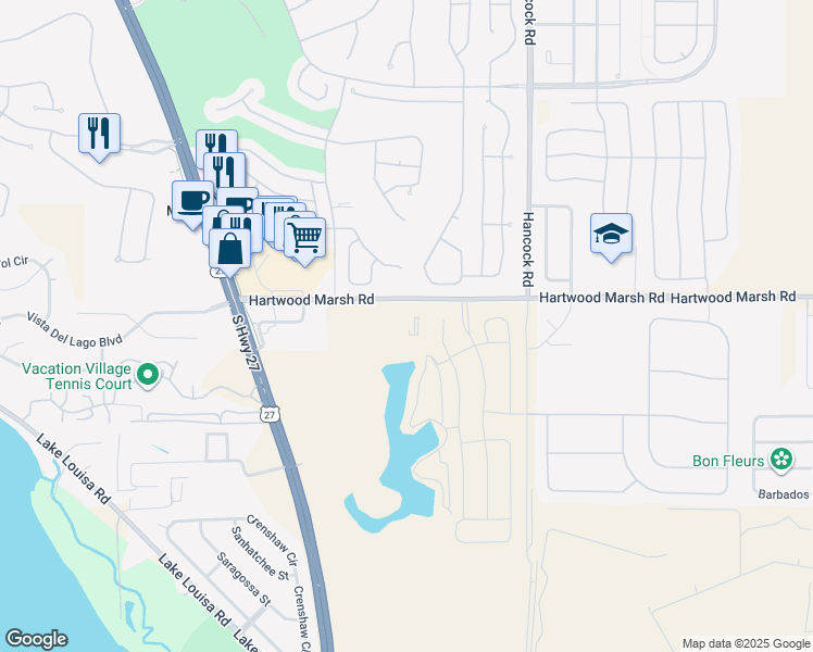 map of restaurants, bars, coffee shops, grocery stores, and more near 2300 Hartwood Marsh Road in Clermont