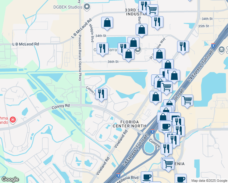 map of restaurants, bars, coffee shops, grocery stores, and more near 4643 Cason Cove Drive in Orlando