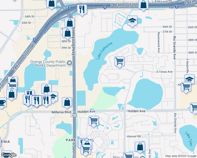 map of restaurants, bars, coffee shops, grocery stores, and more near 4370 Aqua Vista Drive in Orlando