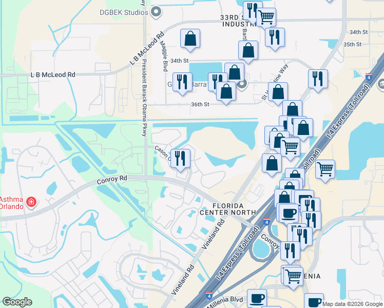 map of restaurants, bars, coffee shops, grocery stores, and more near 4637 Cason Cove Drive in Orlando