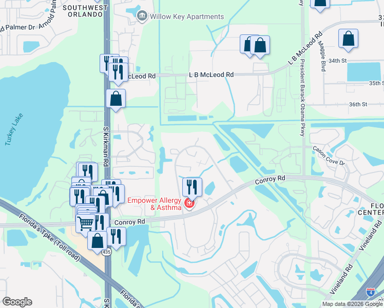 map of restaurants, bars, coffee shops, grocery stores, and more near 5287 Middle Court in Orlando