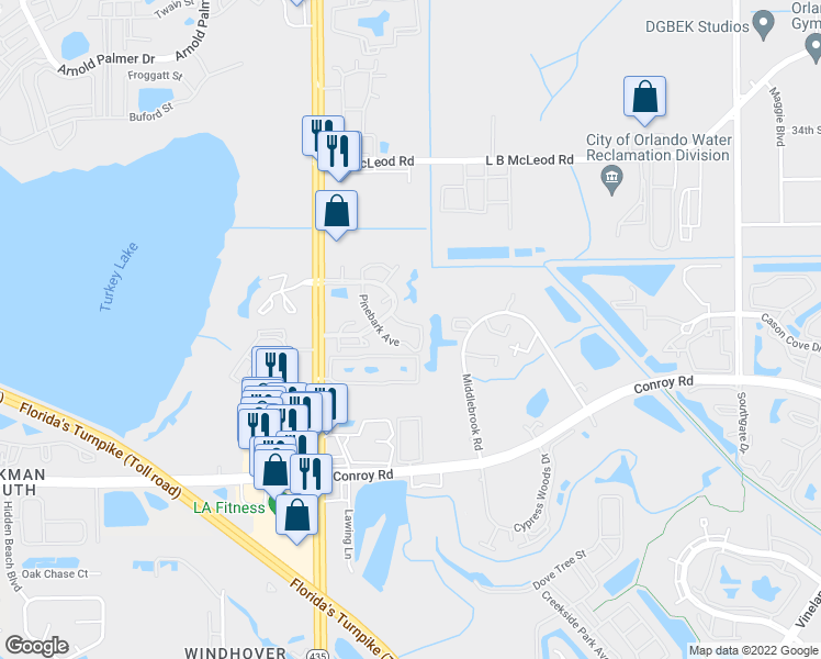 map of restaurants, bars, coffee shops, grocery stores, and more near 4415 Pinebark Avenue in Orlando