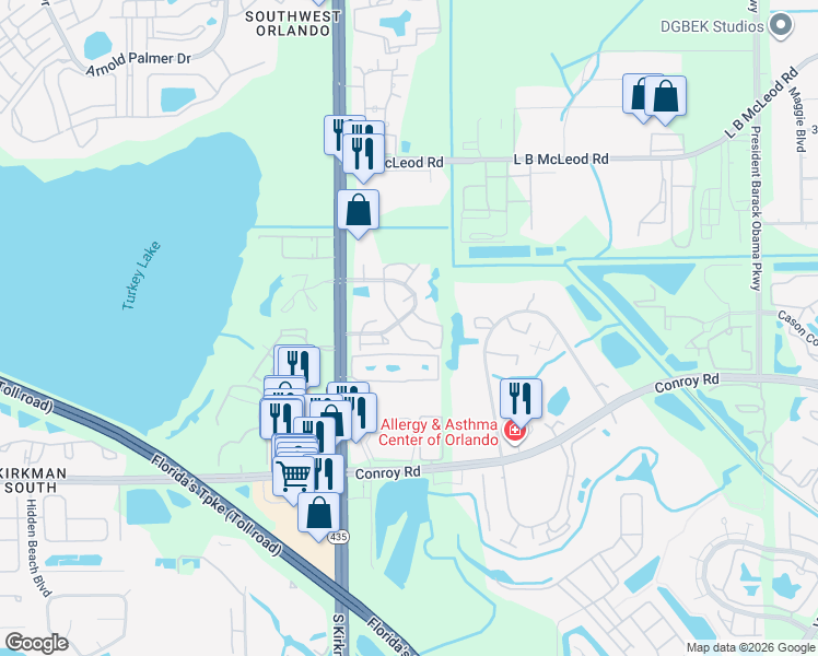 map of restaurants, bars, coffee shops, grocery stores, and more near 4415 Pinebark Avenue in Orlando