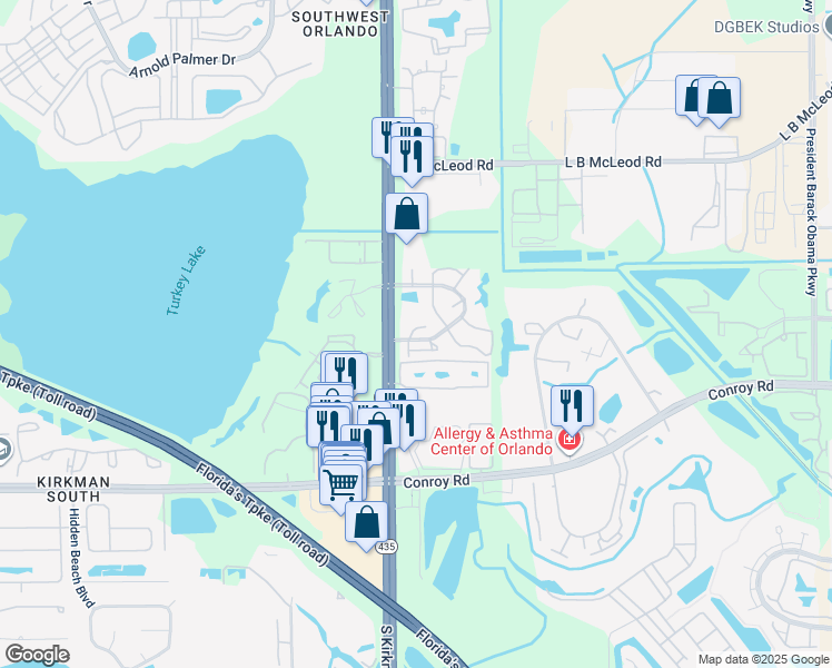 map of restaurants, bars, coffee shops, grocery stores, and more near 5601 Blue Shadows Court in Orlando
