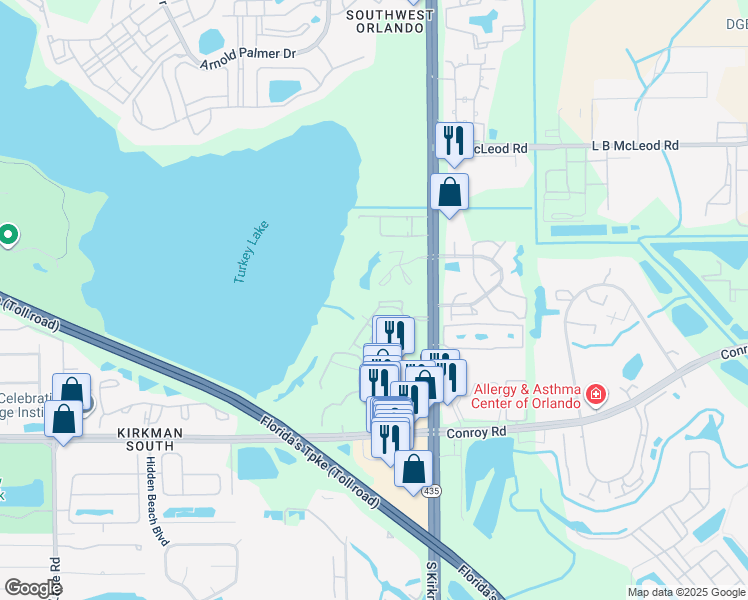 map of restaurants, bars, coffee shops, grocery stores, and more near 4324 South Kirkman Road in Orlando