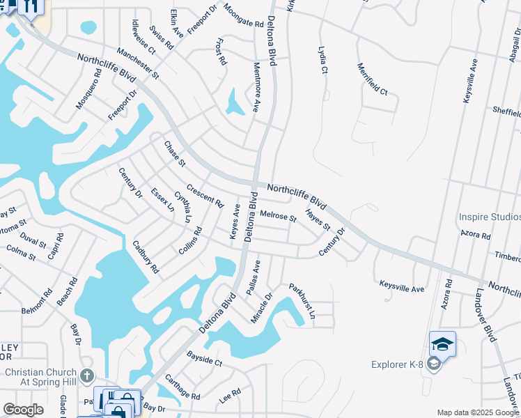 map of restaurants, bars, coffee shops, grocery stores, and more near 9389 Melrose Street in Spring Hill