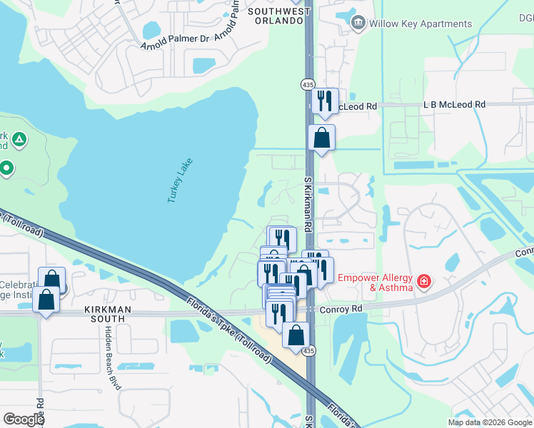 map of restaurants, bars, coffee shops, grocery stores, and more near 4324 South Kirkman Road in Orlando